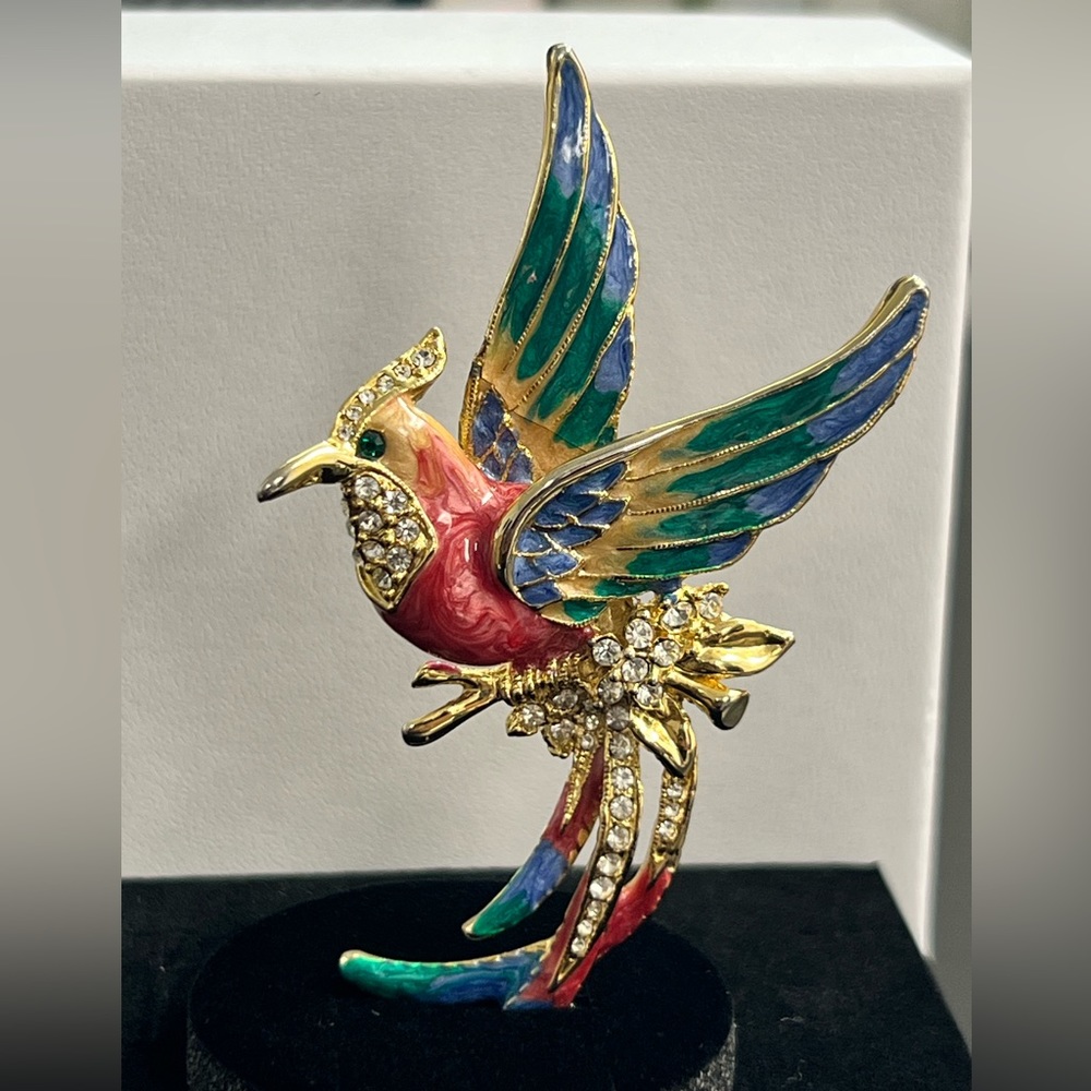 Bird of Paradise Enamel Clear Crystals Vintage Gold Tone Pin Brooch